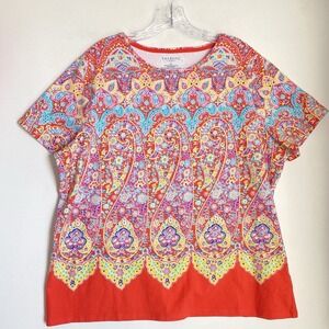 Talbots T Shirt 2X Crewneck Short Sleeve Paisley Floral Multicolor Casual Summer
